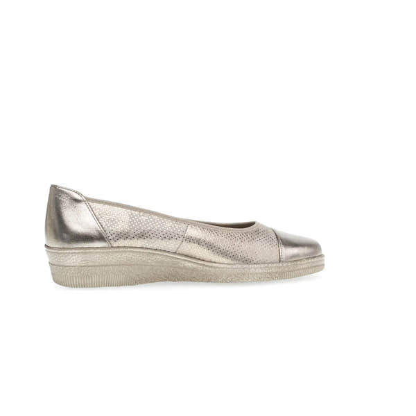 Gabor Petunia Ladies Silver Leather Slip-On Shoes with perforated details and wedge sole.