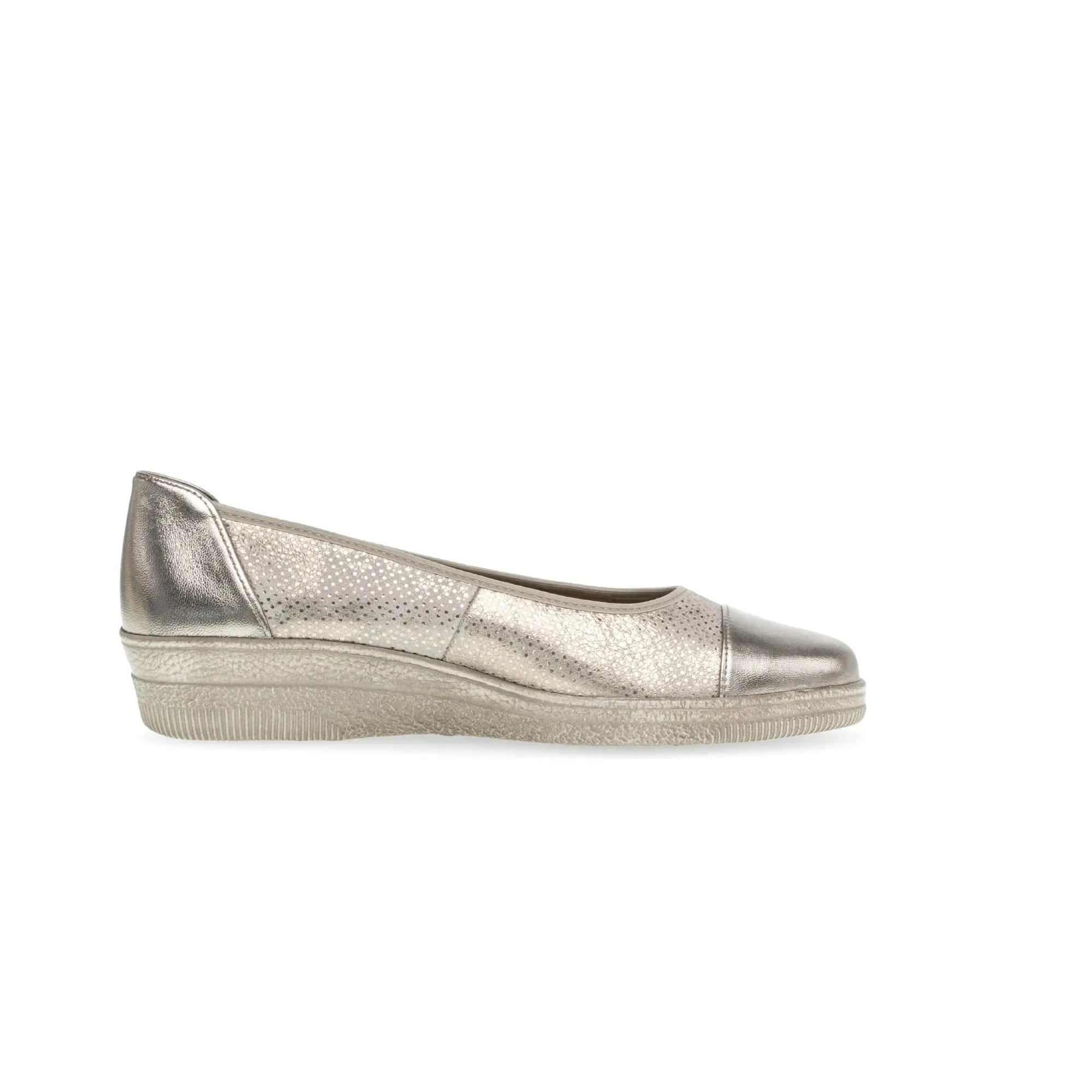Gabor Petunia women's slip-on shoes in silver leather with perforated details and a low wedge sole.