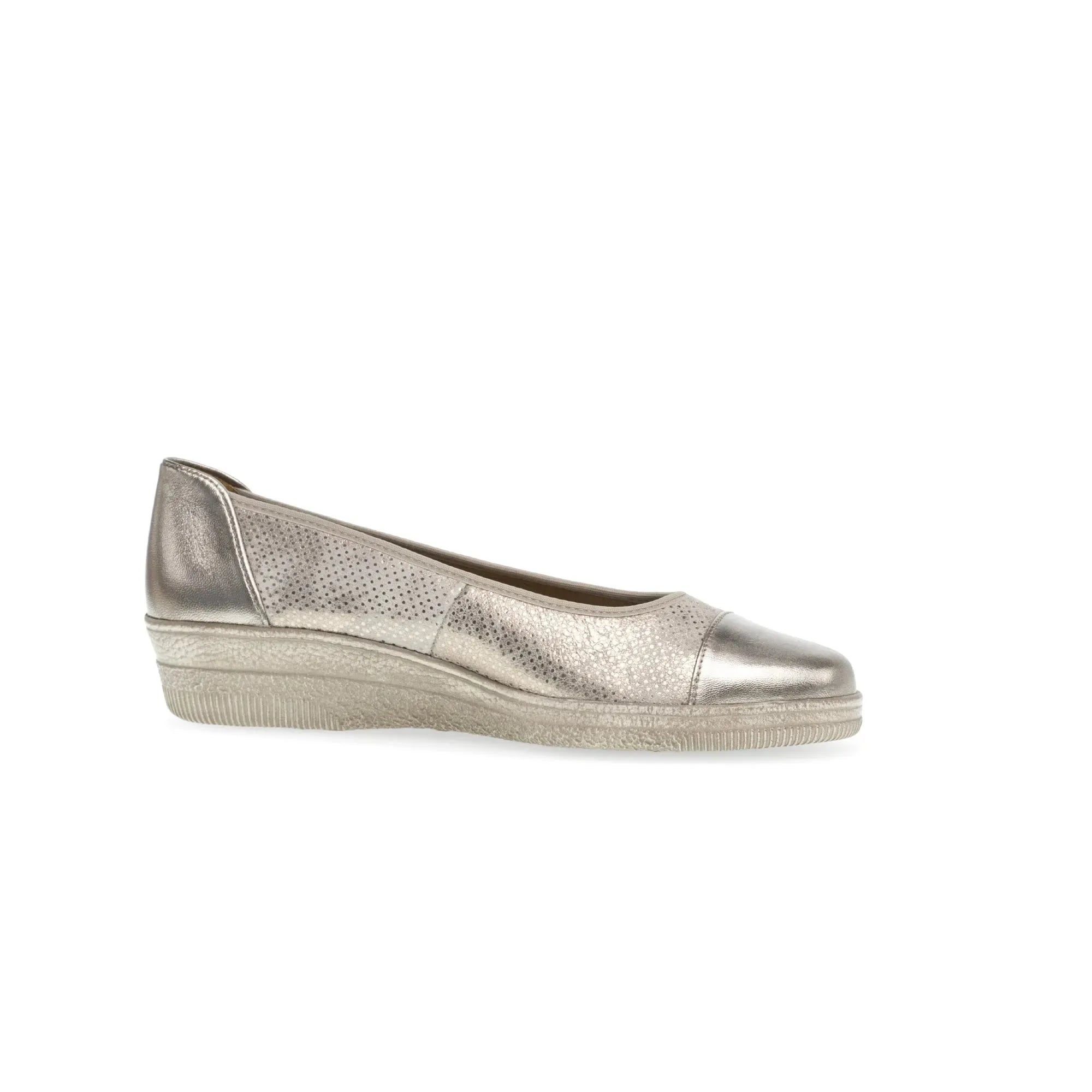 Gabor Petunia Ladies Silver Leather Slip-On Shoes with perforated detailing and wedge sole.