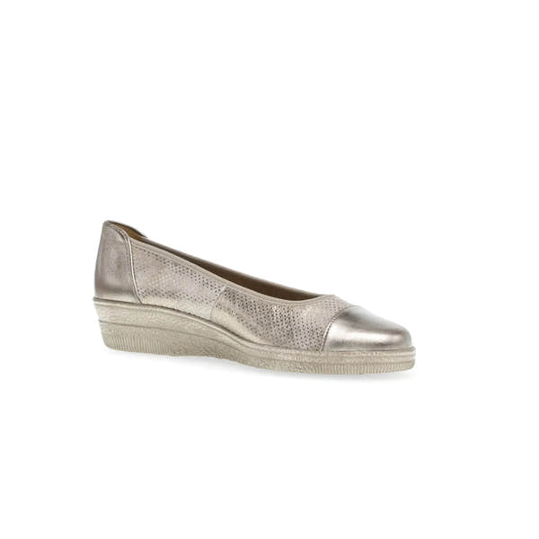 Gabor Petunia Ladies Silver Leather Slip-On Shoes with perforated and smooth finish, low wedge sole, comfortable casual footwear.