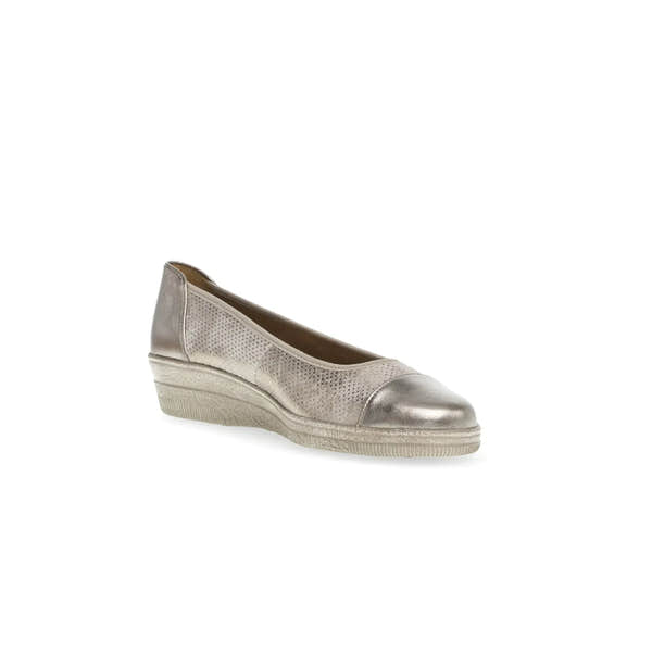 Gabor Petunia ladies' silver leather slip-on shoes with perforated design and low wedge heel.
