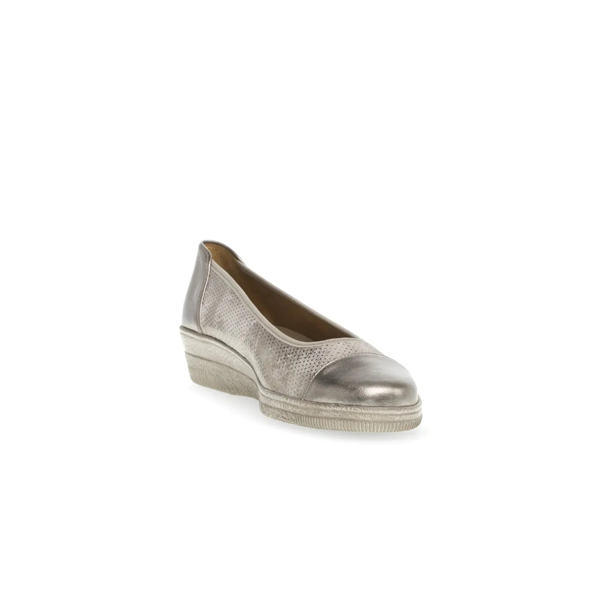 Gabor Petunia women's silver leather slip-on wedge shoes with perforated design and rounded toe.