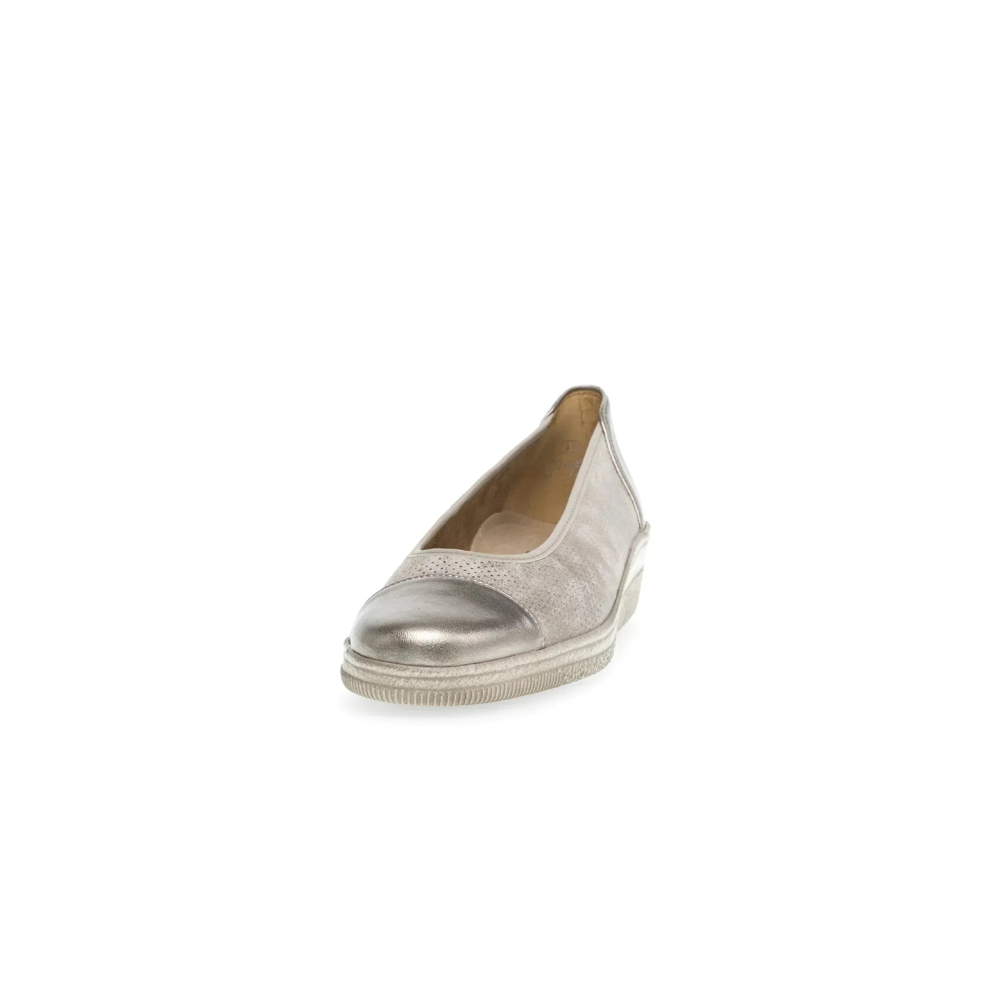 Gabor Petunia women's silver leather slip-on shoes with rounded toe and casual design.