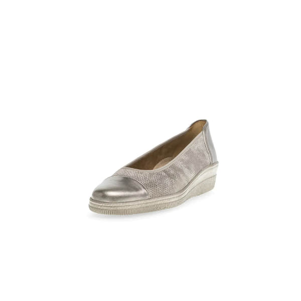 Gabor Petunia ladies' silver leather slip-on shoes with perforated detailing and rubber sole.