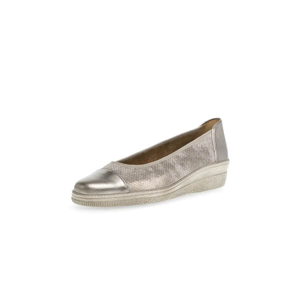 Gabor Petunia women's silver leather slip-on shoes with perforated upper and comfortable wedge sole.