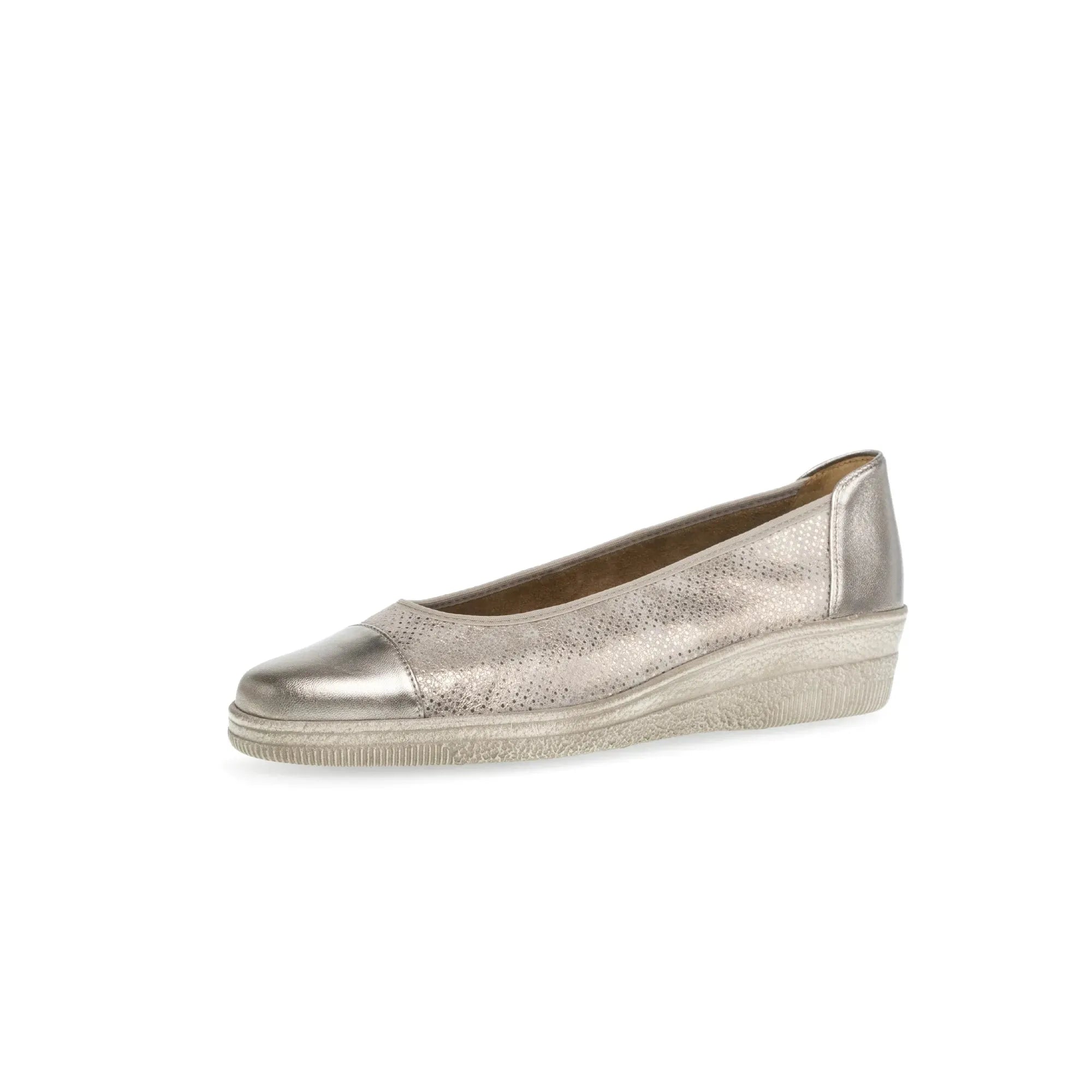 Gabor Petunia women's silver leather slip-on shoes with metallic finish and perforated detail, casual flat style.