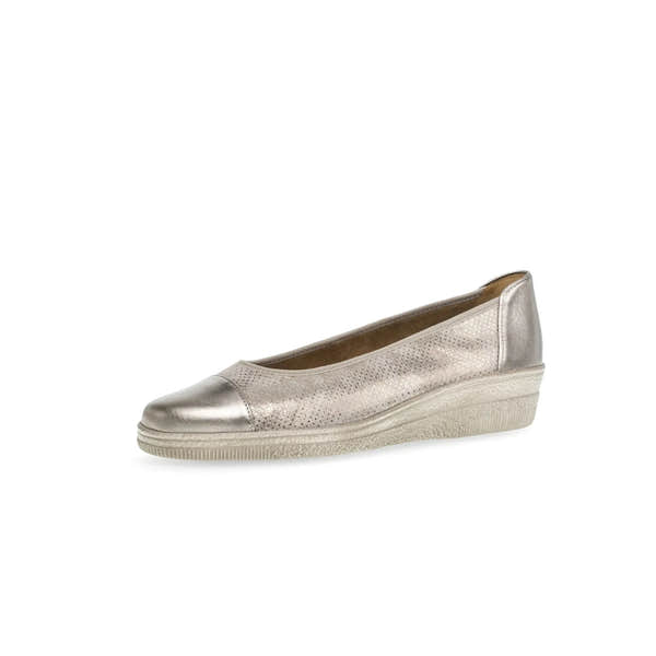 Gabor Petunia women's silver leather slip-on shoes with metallic finish and perforated detail, casual flat style.