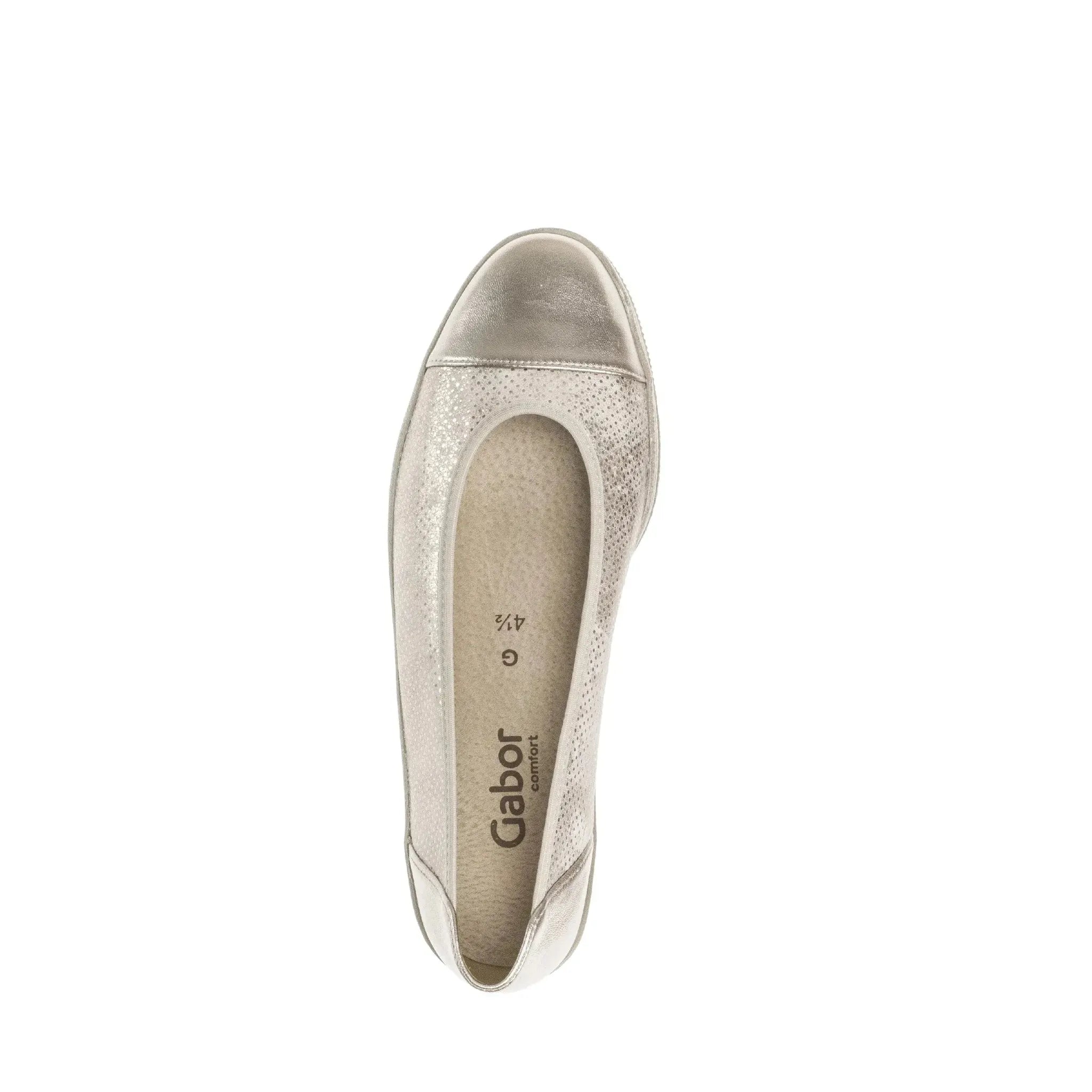 Gabor 86.042.62 Petunia women's silver leather slip-on shoes with perforated upper and round toe, size 4 1/2.