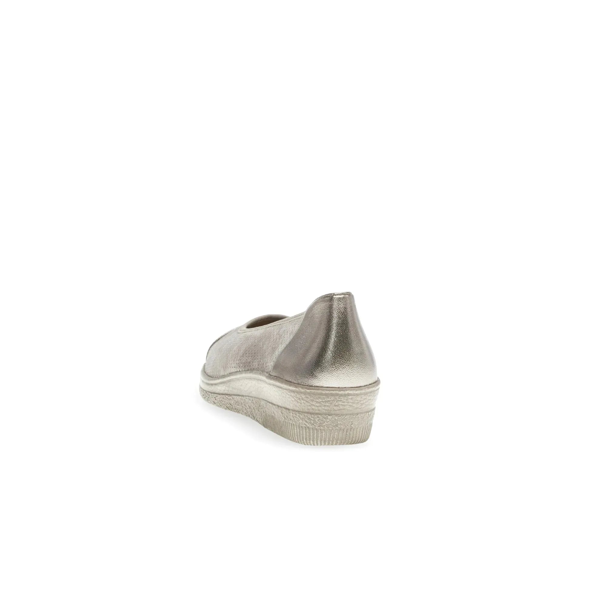 Gabor Petunia women's silver leather slip-on shoes with cushioned sole and metallic heel detail.