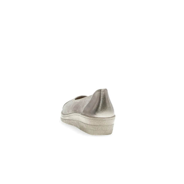 Gabor Petunia women's silver leather slip-on shoes with cushioned sole and metallic heel detail.