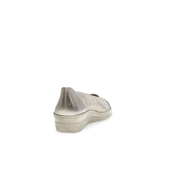 Gabor Petunia women's silver leather slip-on shoes with low platform sole, stylish and comfortable footwear.