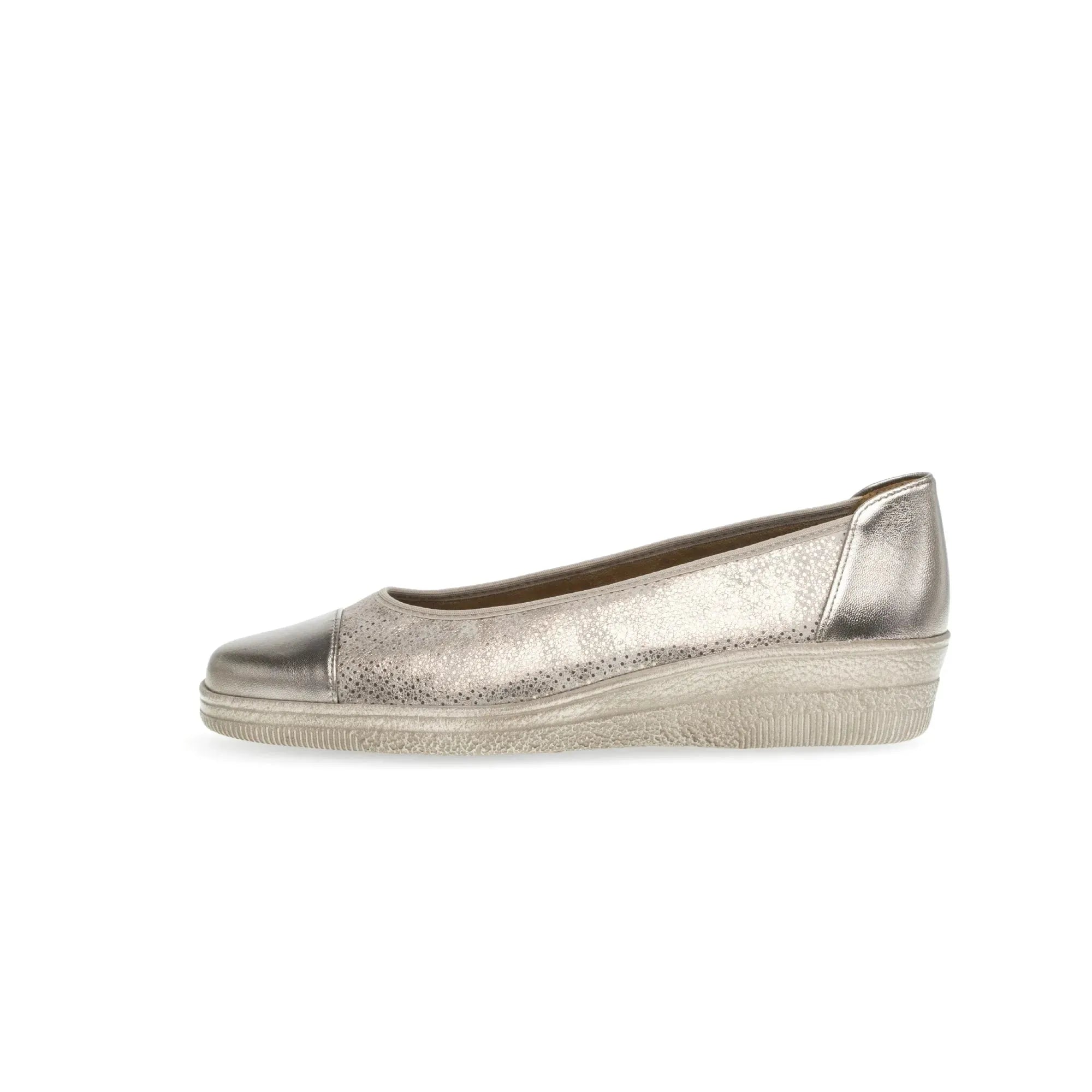 Gabor Petunia ladies' silver leather slip-on shoes with a rounded toe, textured and smooth upper, and low wedge sole.