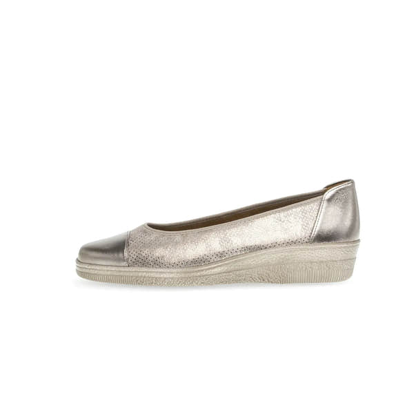 Gabor Petunia ladies' silver leather slip-on shoes with a rounded toe, textured and smooth upper, and low wedge sole.