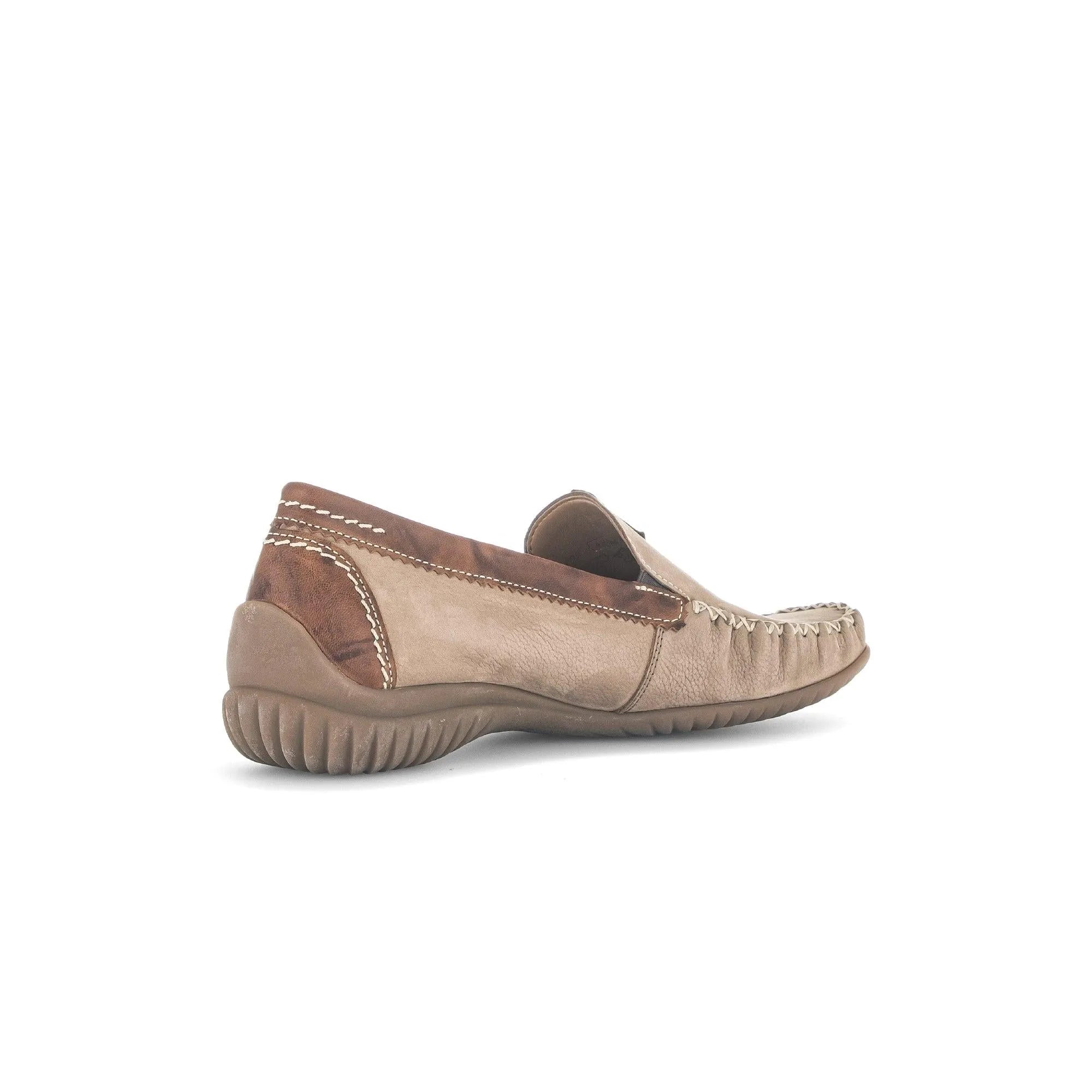 Gabor California ladies beige nubuck slip-on shoes with contrasting brown accents and textured rubber soles.