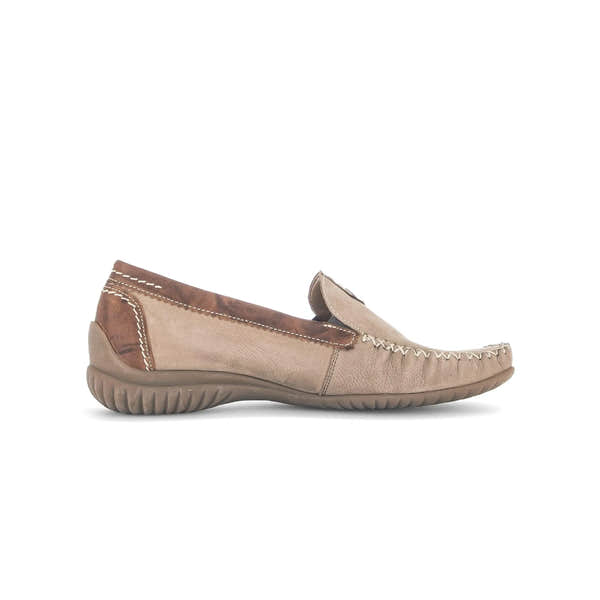 Gabor California Ladies beige nubuck slip-on shoes with stitched detailing and a textured rubber sole.