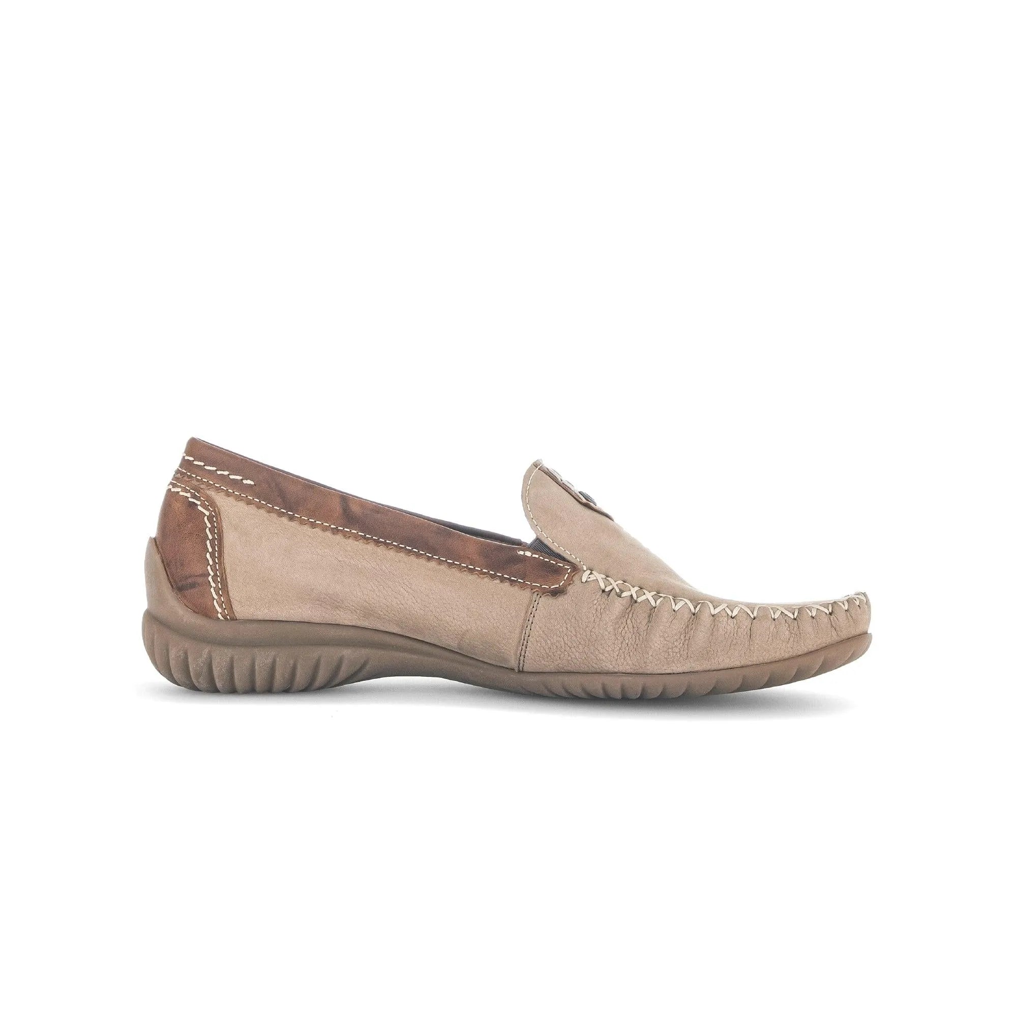 Gabor Ladies beige nubuck slip-on shoes with contrasting brown leather details and a textured rubber sole.