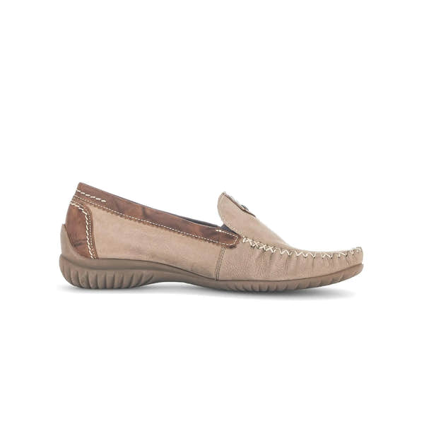 Gabor Ladies beige nubuck slip-on shoes with contrasting brown leather details and a textured rubber sole.