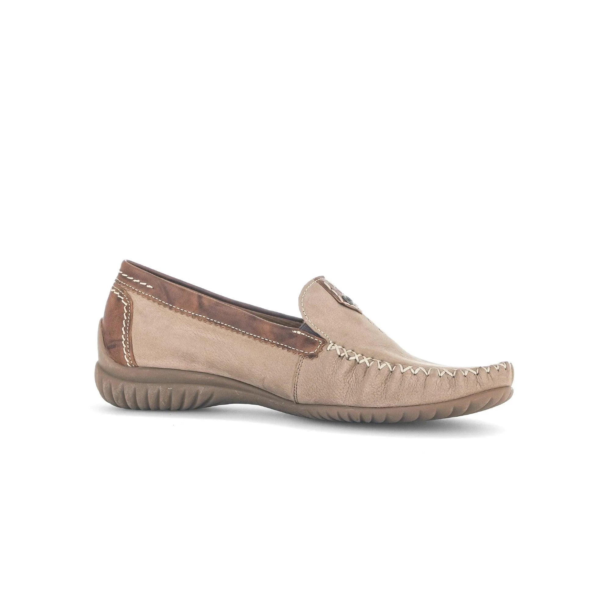 Gabor California Ladies beige nubuck slip-on shoes with contrasting brown detail and textured rubber sole.