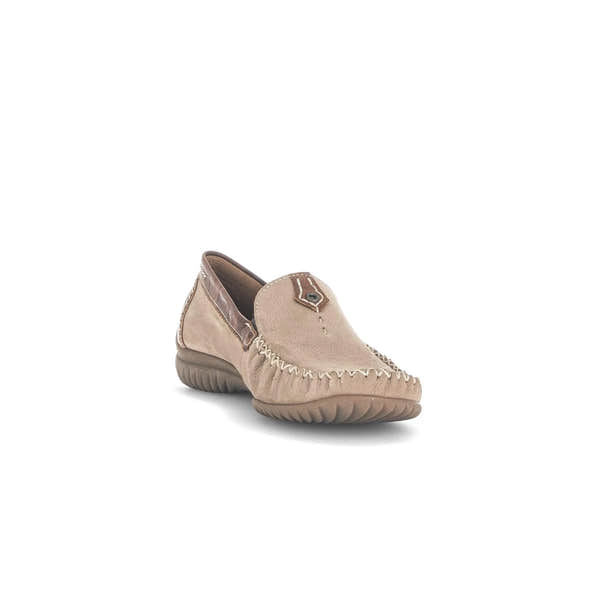 Gabor beige nubuck slip-on shoe with brown trim and decorative stitching, flexible rubber sole, and slip-on style for ladies.