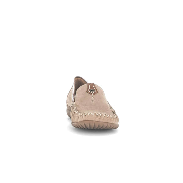 Gabor beige nubuck slip-on shoe with decorative stitch detail, rounded toe, and cushioned sole, style named California Ladies.