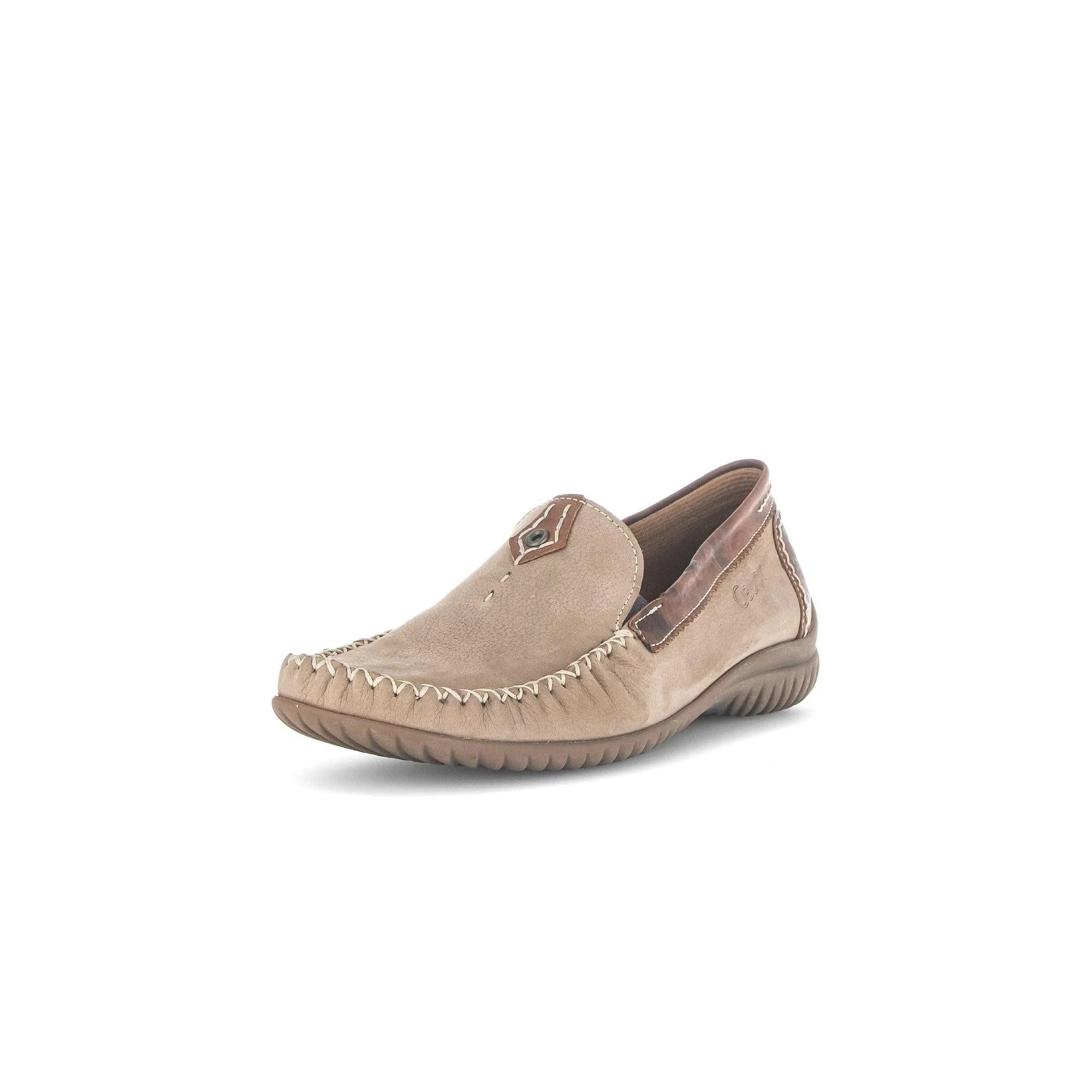 Gabor 86.090.43 beige nubuck slip-on shoes with stitched detailing, brown trim, and a textured rubber sole.