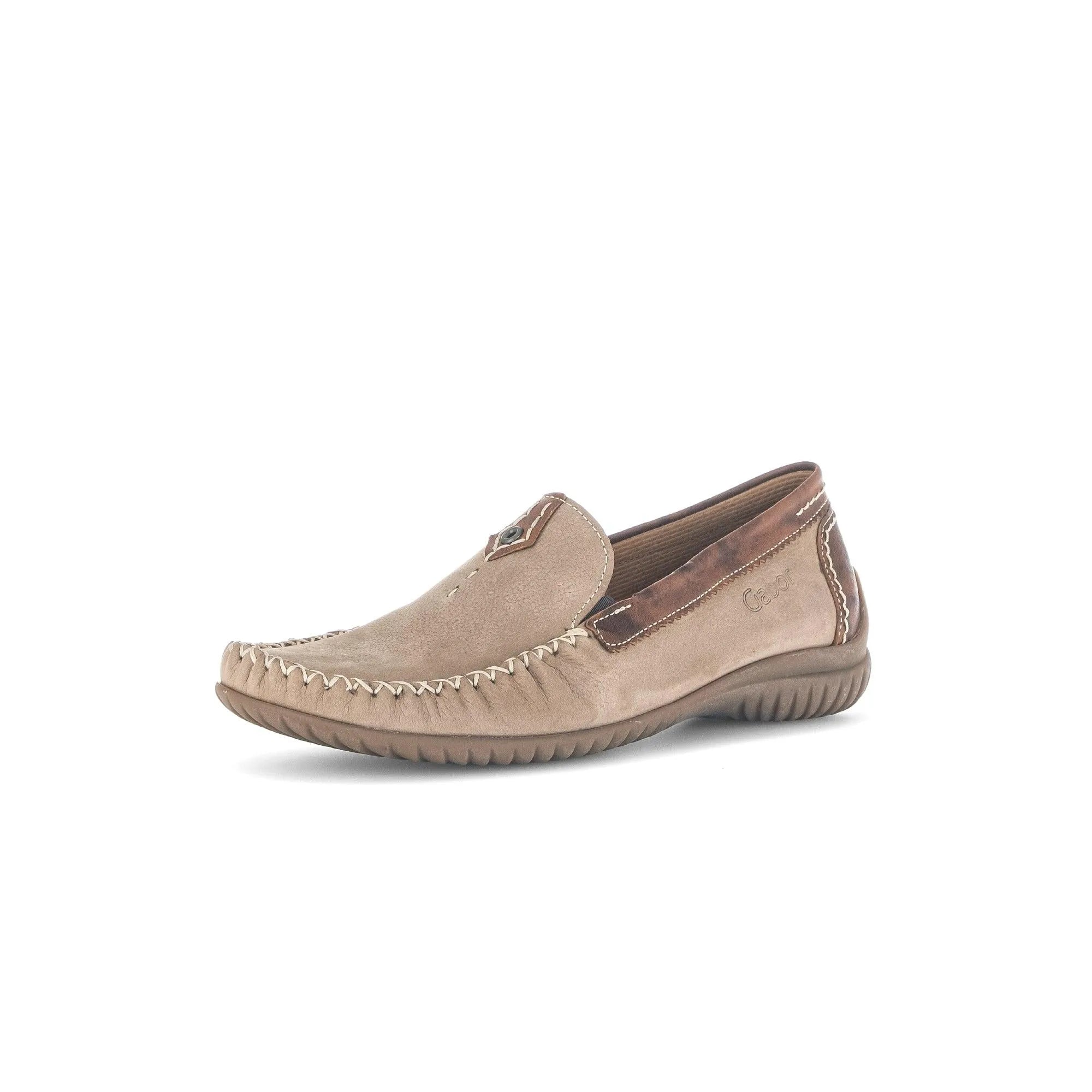 Gabor beige nubuck slip-on shoes for ladies with brown accents, stitching details, and a flexible, textured sole.
