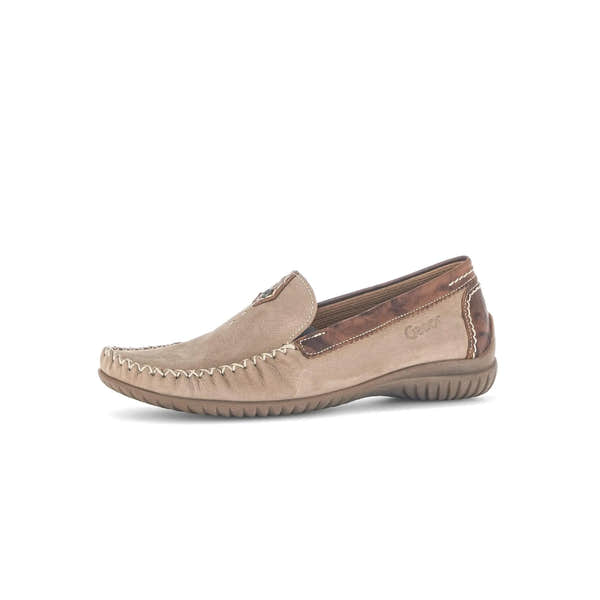 Gabor beige nubuck slip-on shoes with contrast stitching, brown accents, and cushioned rubber sole.