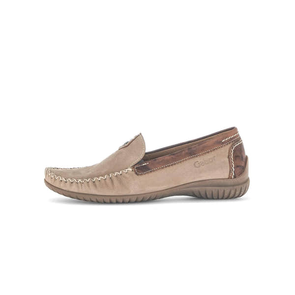 Gabor California ladies slip-on shoes in beige nubuck with brown leather accents and white stitching, has a cushioned sole.
