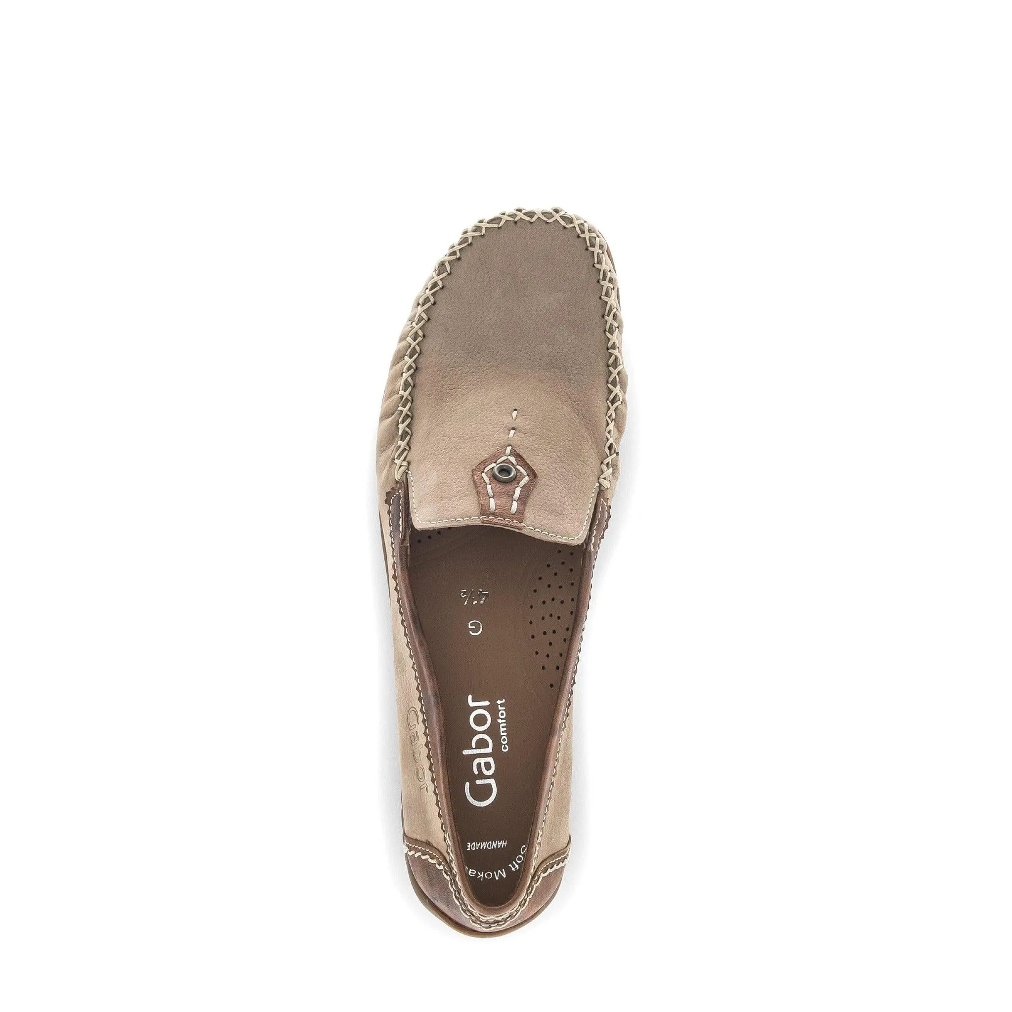 Beige nubuck slip-on shoe with braided trim, elastic side panels, and Gabor branding inside.