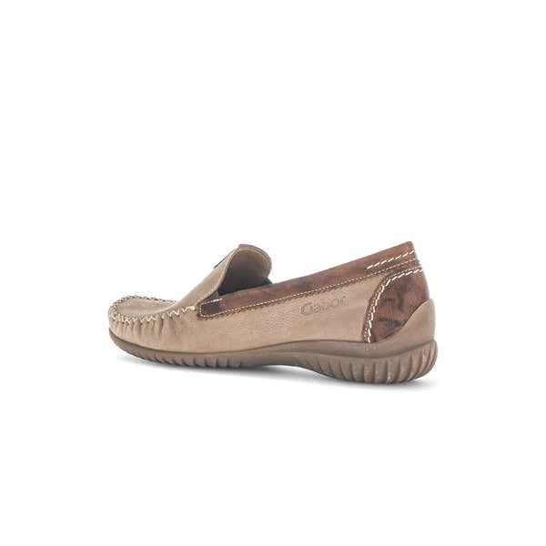 Gabor beige nubuck slip-on shoes with brown leather accents, white stitching, and a flexible rubber sole.