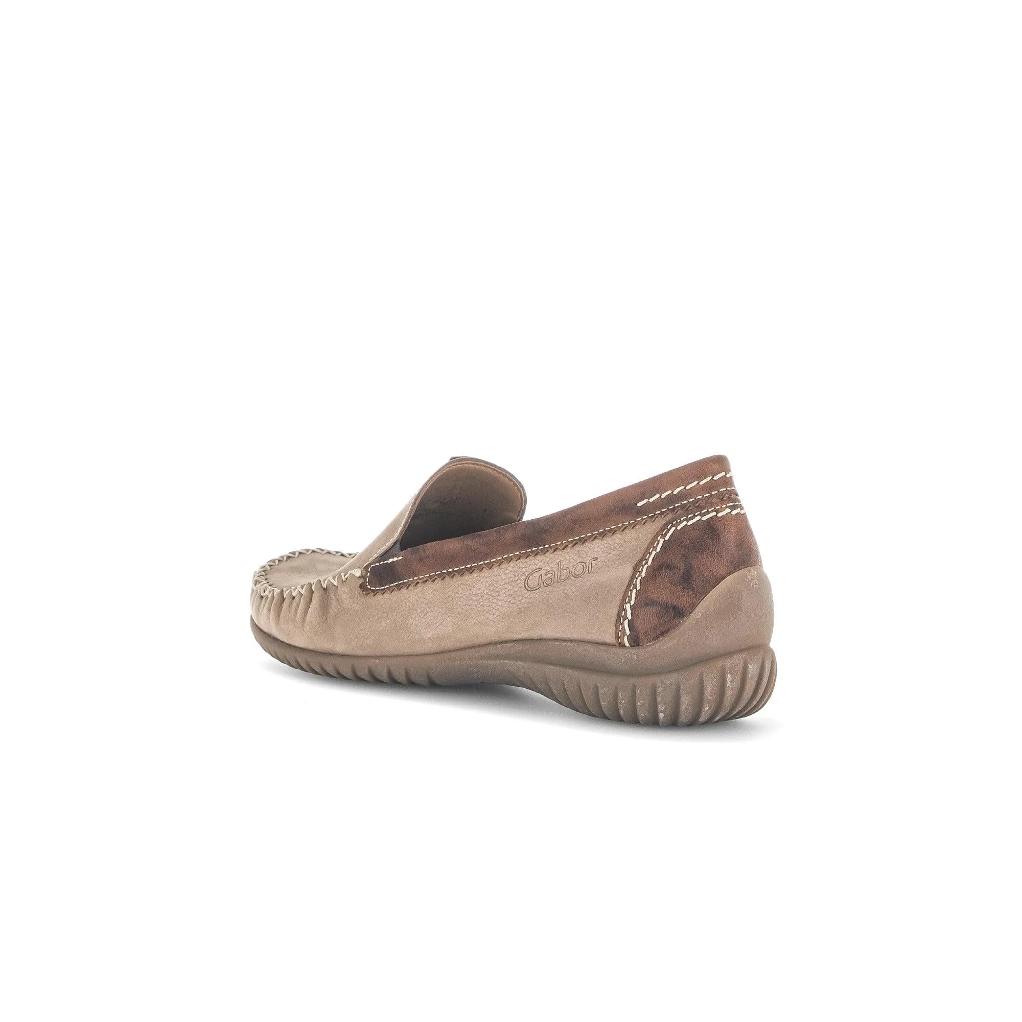 Beige nubuck slip-on shoes with a brown suede accent and beige threaded stitching, offering a casual, comfortable style.
