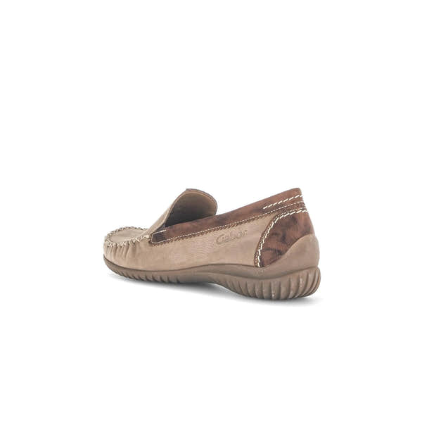 Beige nubuck slip-on shoes with a brown suede accent and beige threaded stitching, offering a casual, comfortable style.