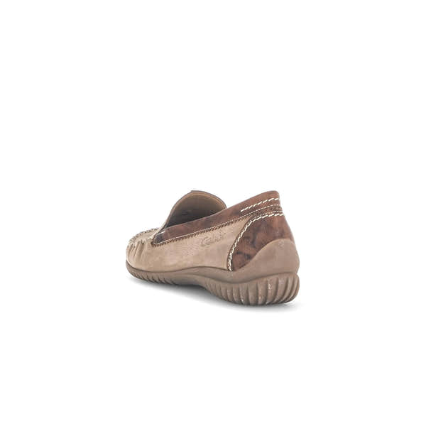 Beige nubuck slip-on shoes with a brown leather back and decorative stitching, featuring a comfortable rounded toe.