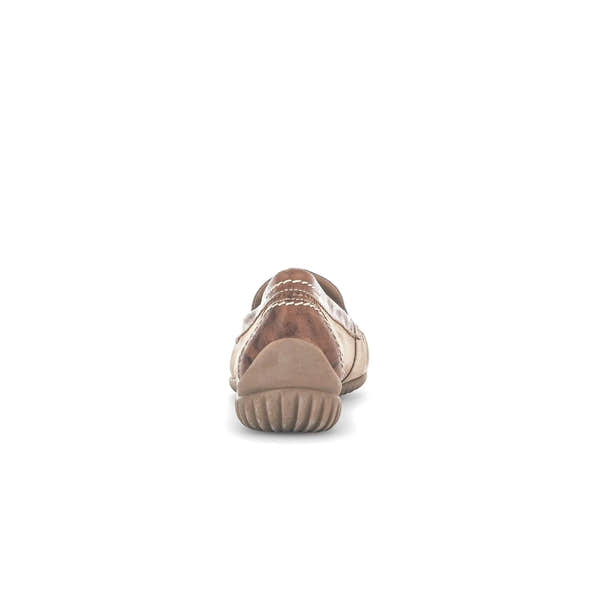 Beige nubuck ladies' slip-on shoes with a round toe, featuring a contrasting brown back and textured rubber sole.