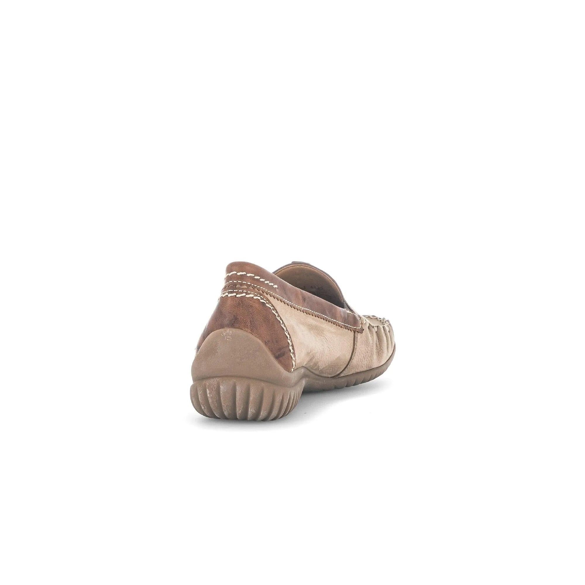 Beige nubuck slip-on shoes with a brown back, featuring decorative stitching and a textured sole for comfort.
