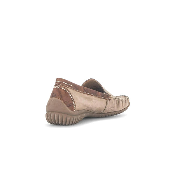 Beige nubuck slip-on shoes with contrasting brown accents and decorative stitching, featuring a comfortable flexible sole.