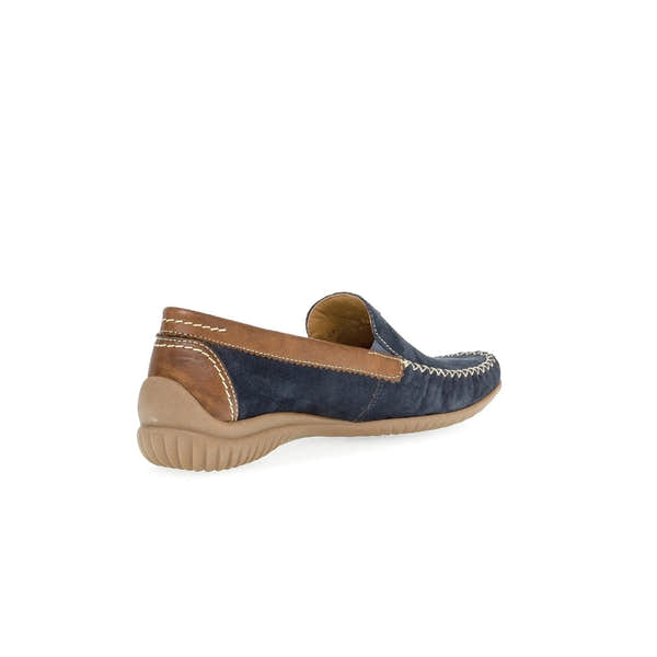 Gabor 86.090.46 California women's slip-on shoes, blue nubuck with brown leather accents and beige rubber sole.