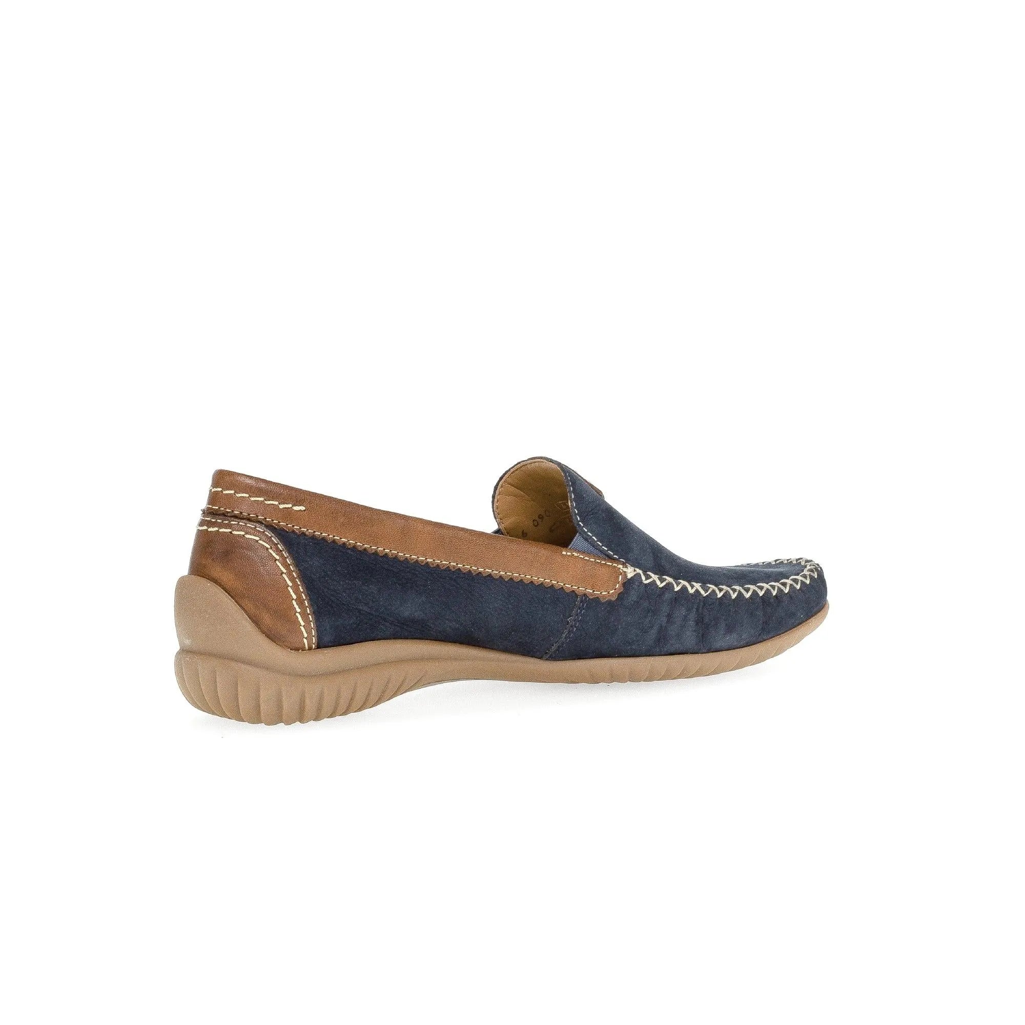 Gabor California women's slip-on shoe in blue nubuck with tan leather accents and beige rubber sole.