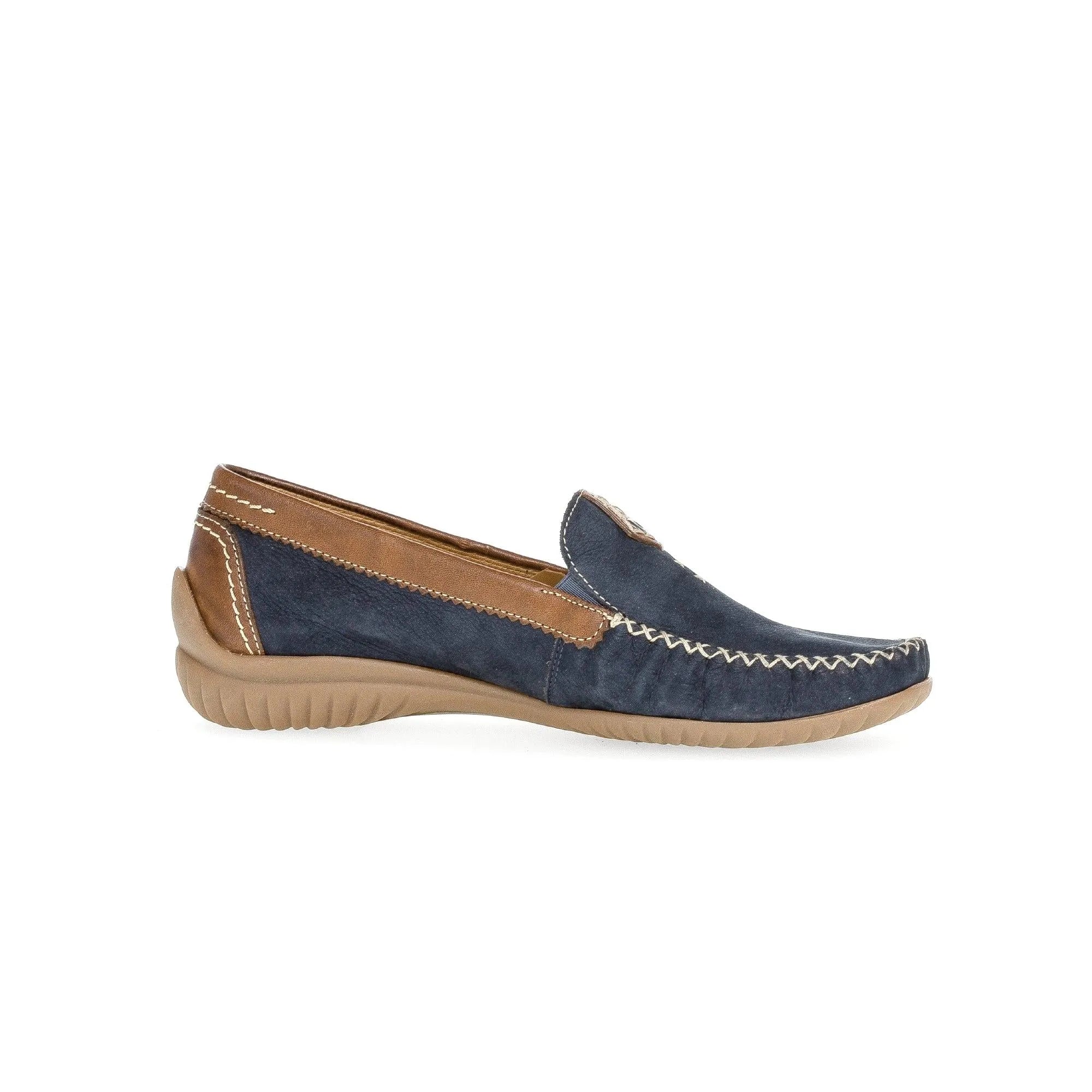 Gabor California slip-on shoes for women, blue nubuck leather with tan accents, moccasin-style stitching, and flexible beige sole.