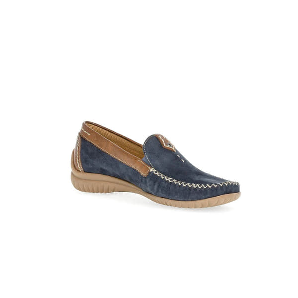 Gabor California Ladies blue nubuck slip-on shoes with tan leather trim and beige sole, featuring stitching details and a casual style.