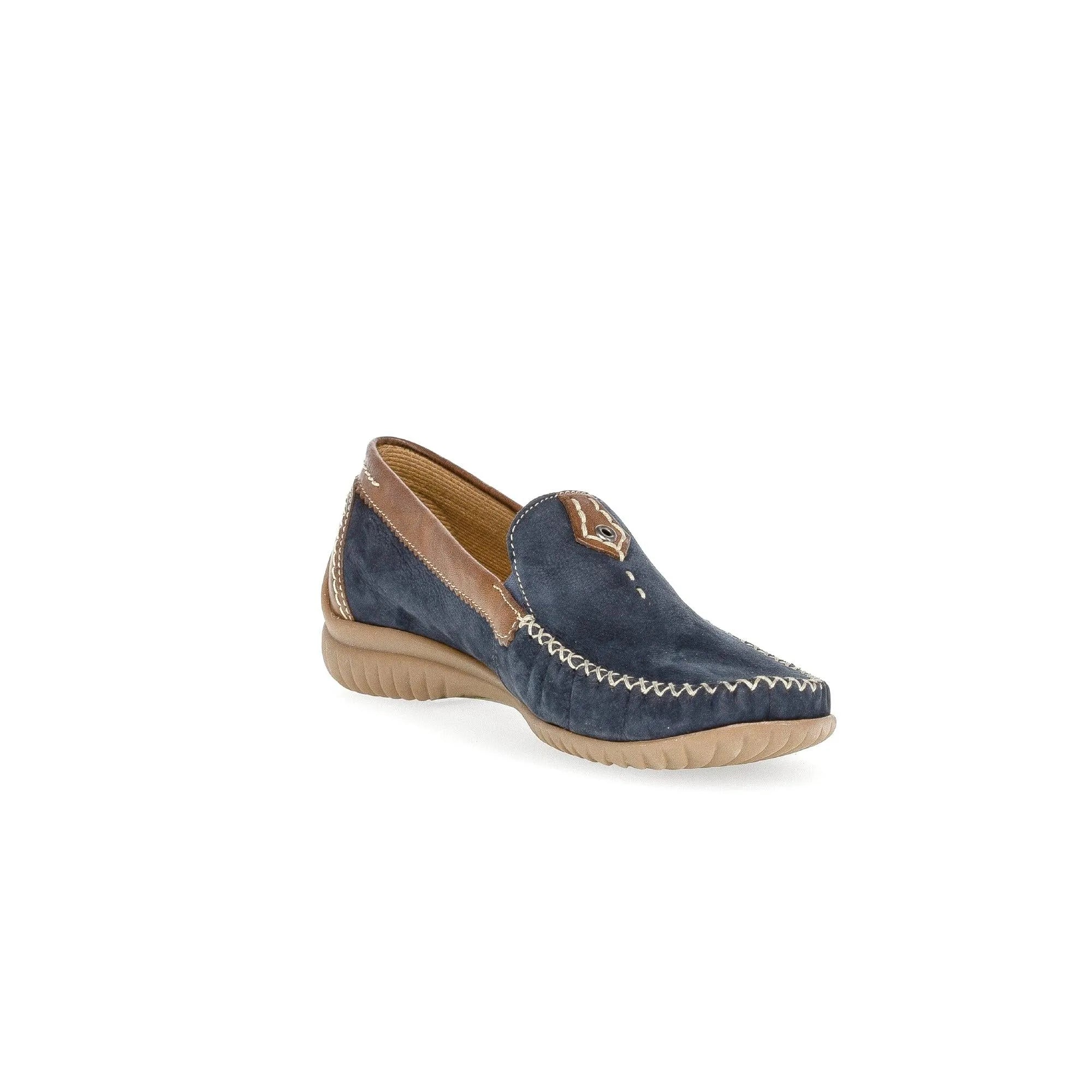 Gabor California women's slip-on shoes in blue nubuck leather with tan accents, stitching details, and a beige rubber sole.