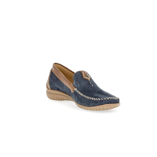 Gabor California women's slip-on shoes in blue nubuck leather with tan accents, stitching details, and a beige rubber sole.