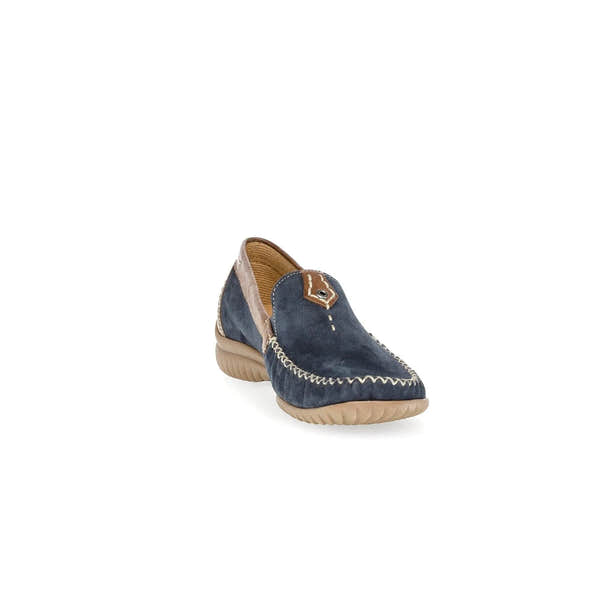 Blue nubuck slip-on shoes for ladies with beige accents, stitching details, and a flexible tan sole.