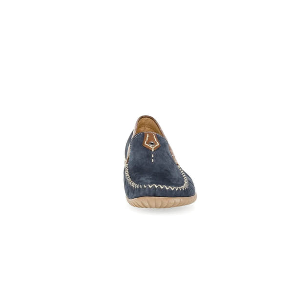 Gabor California Ladies slip-on shoes in blue nubuck, with white stitching, brown accents, and a beige rubber sole.