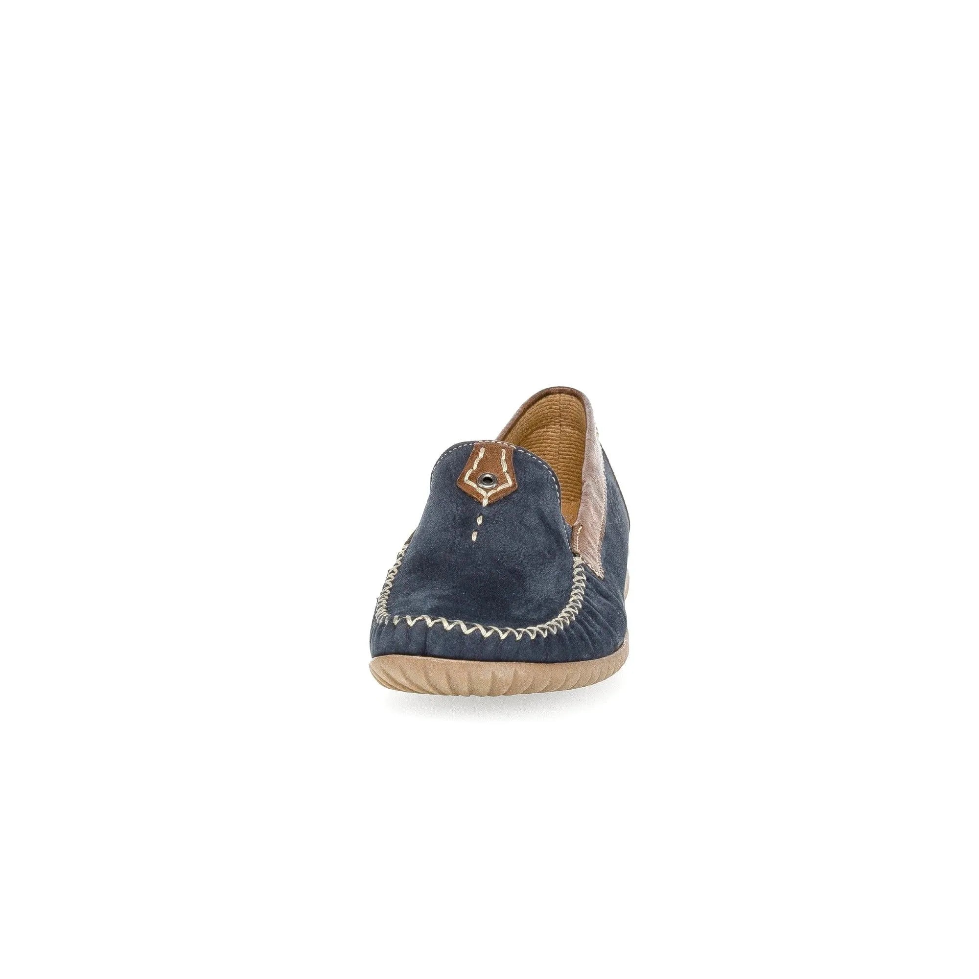 Gabor California ladies slip-on shoes in blue nubuck with contrasting tan accents and beige rubber soles.