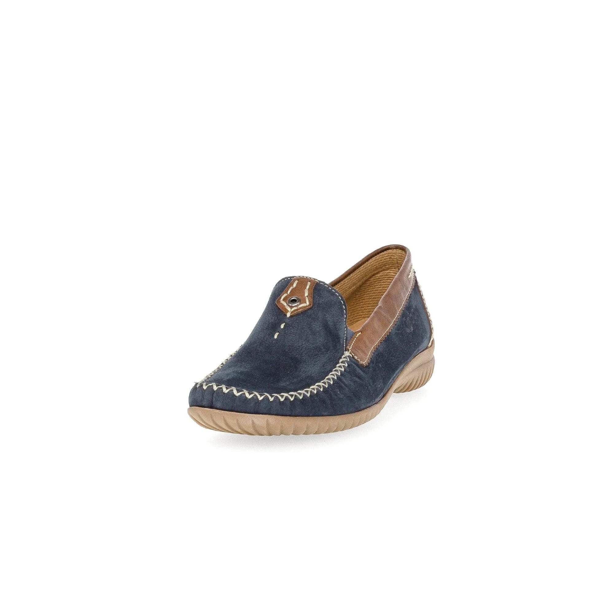 Gabor California ladies slip-on shoes in blue nubuck with brown leather accents and beige rubber soles.