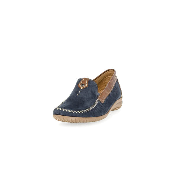 Gabor California ladies slip-on shoes in blue nubuck with brown leather accents and beige rubber soles.