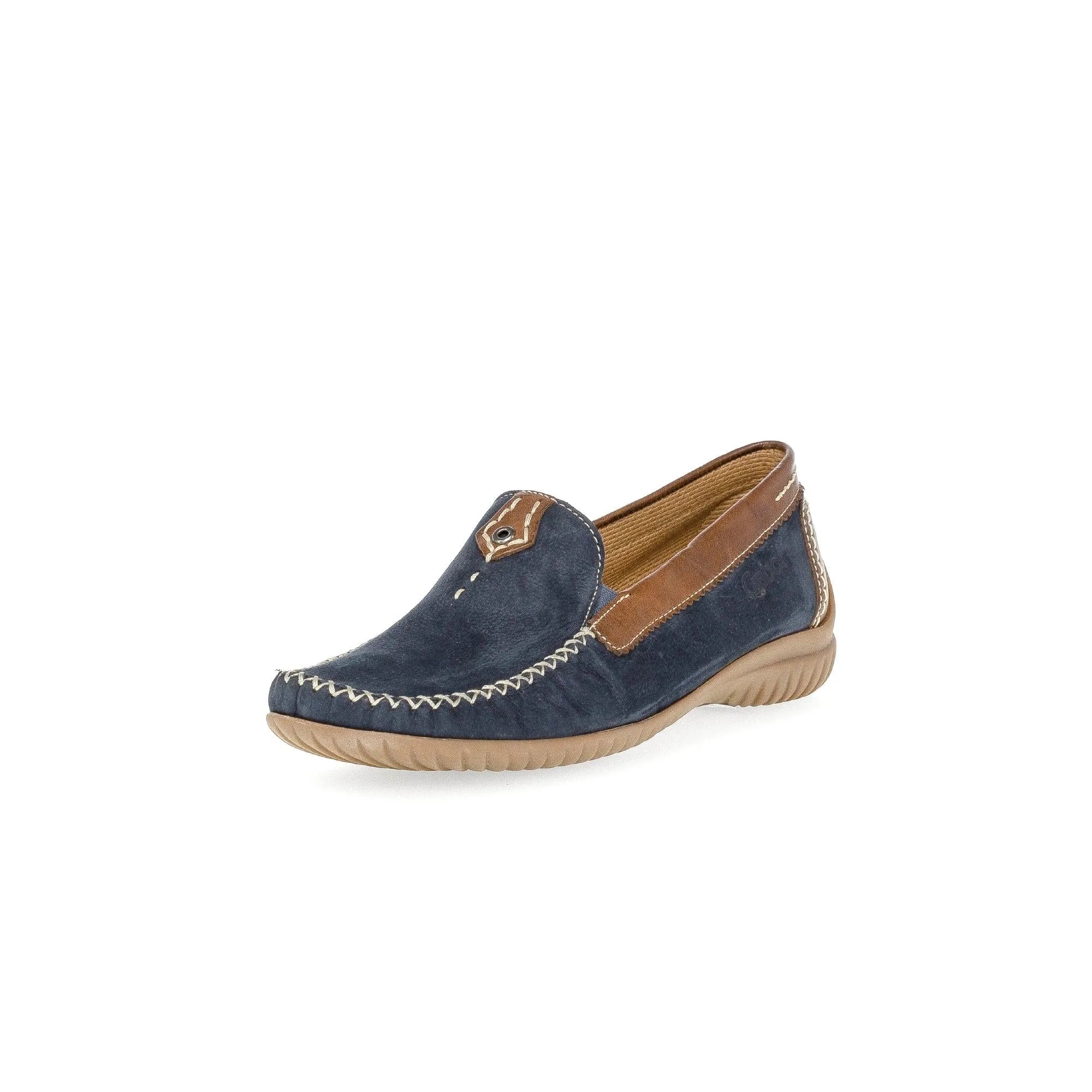 Blue nubuck slip-on shoes with brown leather accents and decorative stitching on the toe. Comfortable casual style.