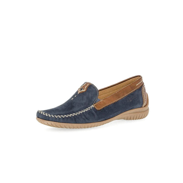 Gabor California ladies slip-on shoes in blue nubuck with tan accents, stitched details, and a beige flexible rubber sole.