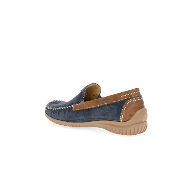 Gabor California ladies slip-on shoes in blue nubuck with brown accents, contrast stitching, and a beige flexible sole.